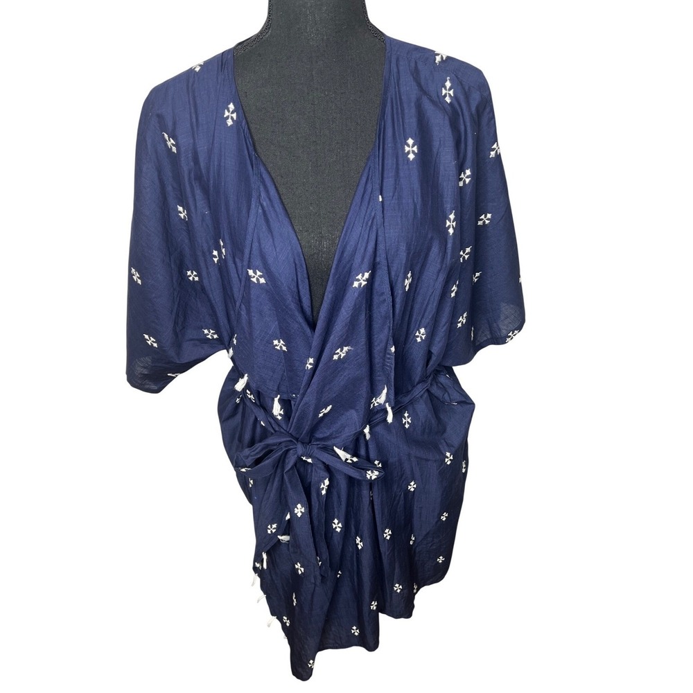 Lucky Brand Navy Blue Embroidered Kimono Wrap Top Tassel Trim L/XL